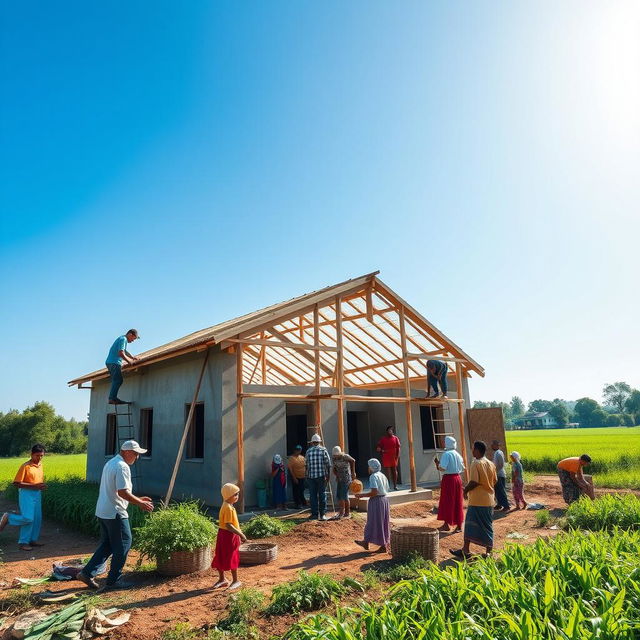A dynamic photograph capturing the construction of a new school building in a vibrant community setting