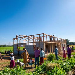 A dynamic photograph capturing the construction of a new school building in a vibrant community setting