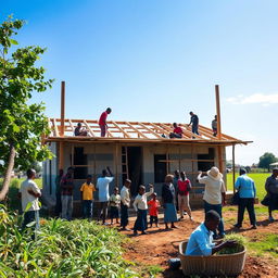 A dynamic photograph capturing the construction of a new school building in a vibrant community setting