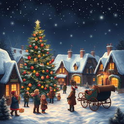 A beautifully detailed scene depicting a cozy Christmas night, featuring a quaint snow-covered village with charming houses decorated with colorful lights