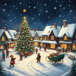 A beautifully detailed scene depicting a cozy Christmas night, featuring a quaint snow-covered village with charming houses decorated with colorful lights
