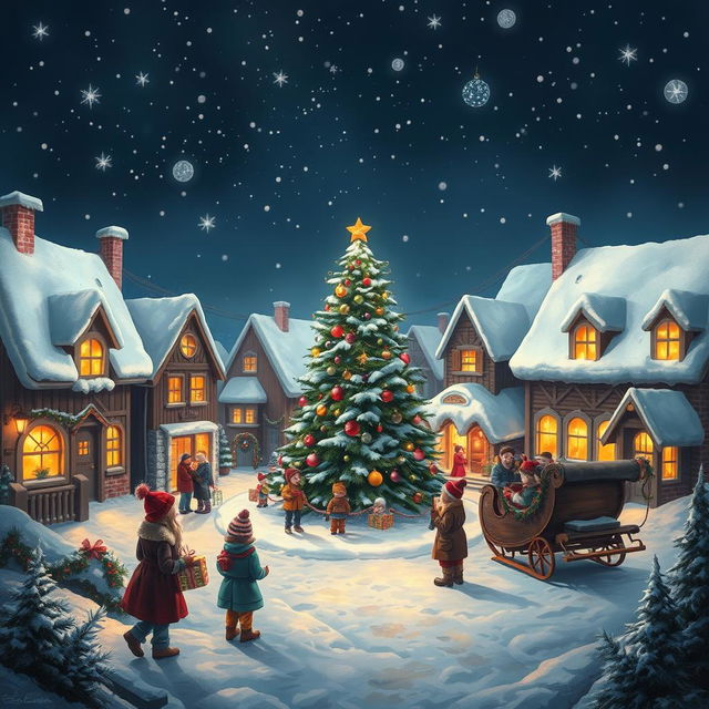 A beautifully detailed scene depicting a cozy Christmas night, featuring a quaint snow-covered village with charming houses decorated with colorful lights