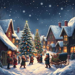 A beautifully detailed scene depicting a cozy Christmas night, featuring a quaint snow-covered village with charming houses decorated with colorful lights