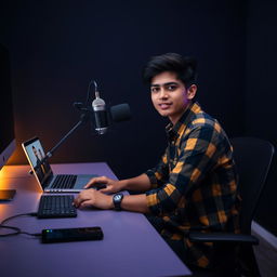 A 21-year-old male sitting at a sleek computer desk, equipped with a microphone and a laptop