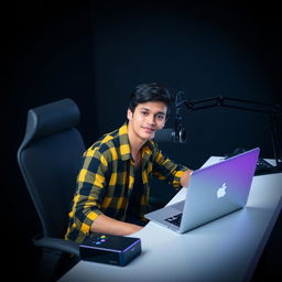 A 21-year-old male sitting at a sleek computer desk, equipped with a microphone and a laptop