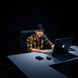 A 21-year-old male sitting at a sleek computer desk, equipped with a microphone and a laptop