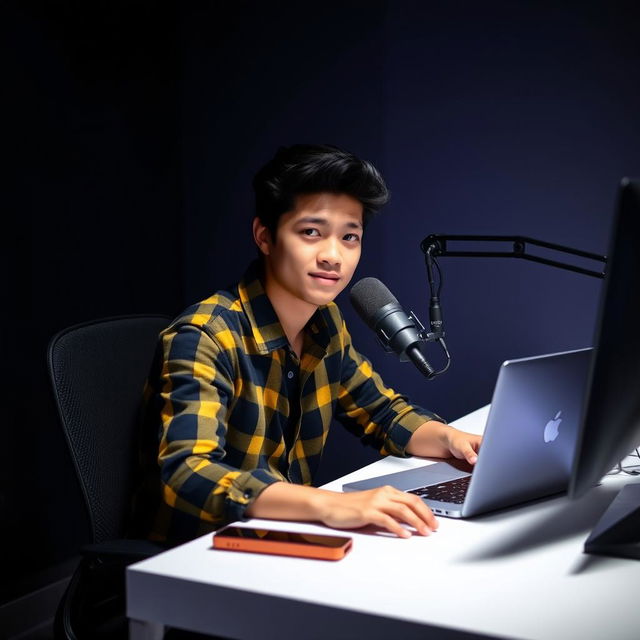 A 21-year-old male sitting at a sleek computer desk, equipped with a microphone and a laptop