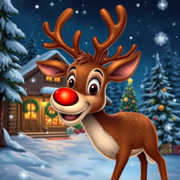A cheerful and festive depiction of Rudolph the Red-Nosed Reindeer, with a bright red nose glowing in the winter night