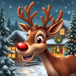 A cheerful and festive depiction of Rudolph the Red-Nosed Reindeer, with a bright red nose glowing in the winter night