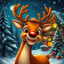 A cheerful and festive depiction of Rudolph the Red-Nosed Reindeer, with a bright red nose glowing in the winter night