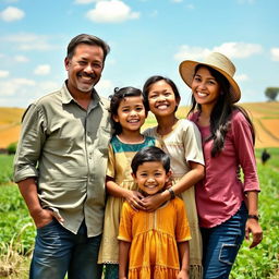 Una vibrante fotografía de una familia rural sonriendo junta en un hermoso entorno natural