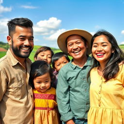 Una vibrante fotografía de una familia rural sonriendo junta en un hermoso entorno natural