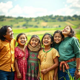 Una vibrante fotografía de una familia rural sonriendo junta en un hermoso entorno natural