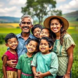 Una vibrante fotografía de una familia rural sonriendo junta en un hermoso entorno natural