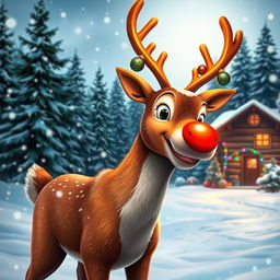 A joyful representation of Rudolph the Red-Nosed Reindeer, showcasing his iconic bright red nose illuminating the snowy landscape