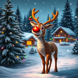 A joyful representation of Rudolph the Red-Nosed Reindeer, showcasing his iconic bright red nose illuminating the snowy landscape