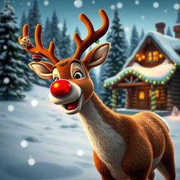 A joyful representation of Rudolph the Red-Nosed Reindeer, showcasing his iconic bright red nose illuminating the snowy landscape
