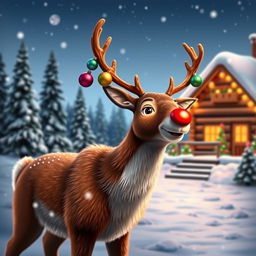 A joyful representation of Rudolph the Red-Nosed Reindeer, showcasing his iconic bright red nose illuminating the snowy landscape