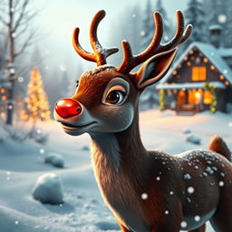A realistic representation of Rudolph the Red-Nosed Reindeer, depicted as if he were a living creature in a natural snowy environment
