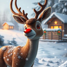 A realistic representation of Rudolph the Red-Nosed Reindeer, depicted as if he were a living creature in a natural snowy environment