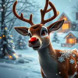 A realistic representation of Rudolph the Red-Nosed Reindeer, depicted as if he were a living creature in a natural snowy environment