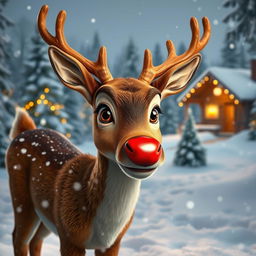 A realistic representation of Rudolph the Red-Nosed Reindeer, depicted as if he were a living creature in a natural snowy environment