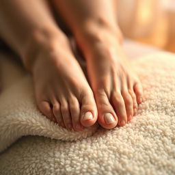 A close-up, artistic representation of a pair of beautifully manicured feet resting on a soft, plush surface, showcasing delicate toes and elegant nail polish
