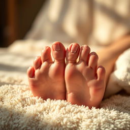 A close-up, artistic representation of a pair of beautifully manicured feet resting on a soft, plush surface, showcasing delicate toes and elegant nail polish