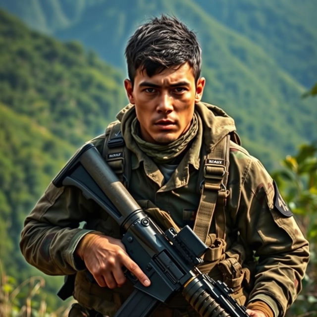 A Colombian soldier engaged in combat amidst the rugged mountains of Colombia