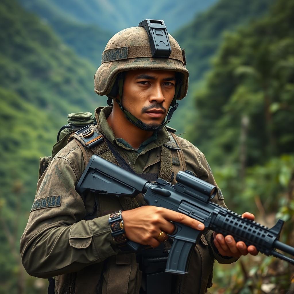 A Colombian soldier engaged in combat amidst the rugged mountains of Colombia