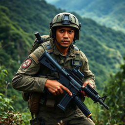 A Colombian soldier engaged in combat amidst the rugged mountains of Colombia