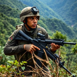 A Colombian soldier engaged in combat amidst the rugged mountains of Colombia