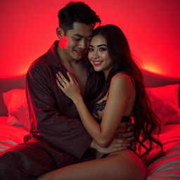 A warm and intimate scene depicting a handsome Chinese man in soft pajamas, affectionately hugging a sexy, beautiful woman in a cozy, red-lit bedroom