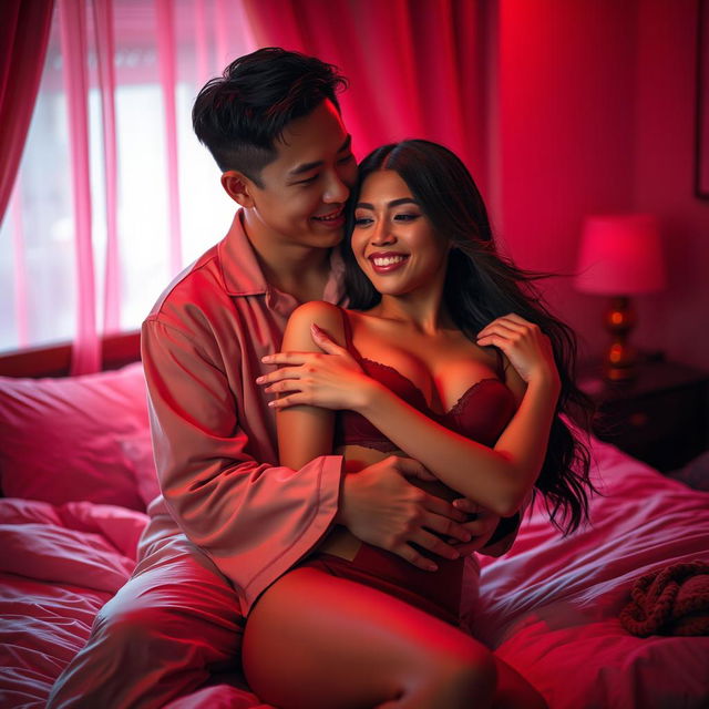 A warm and intimate scene depicting a handsome Chinese man in soft pajamas, affectionately hugging a sexy, beautiful woman in a cozy, red-lit bedroom