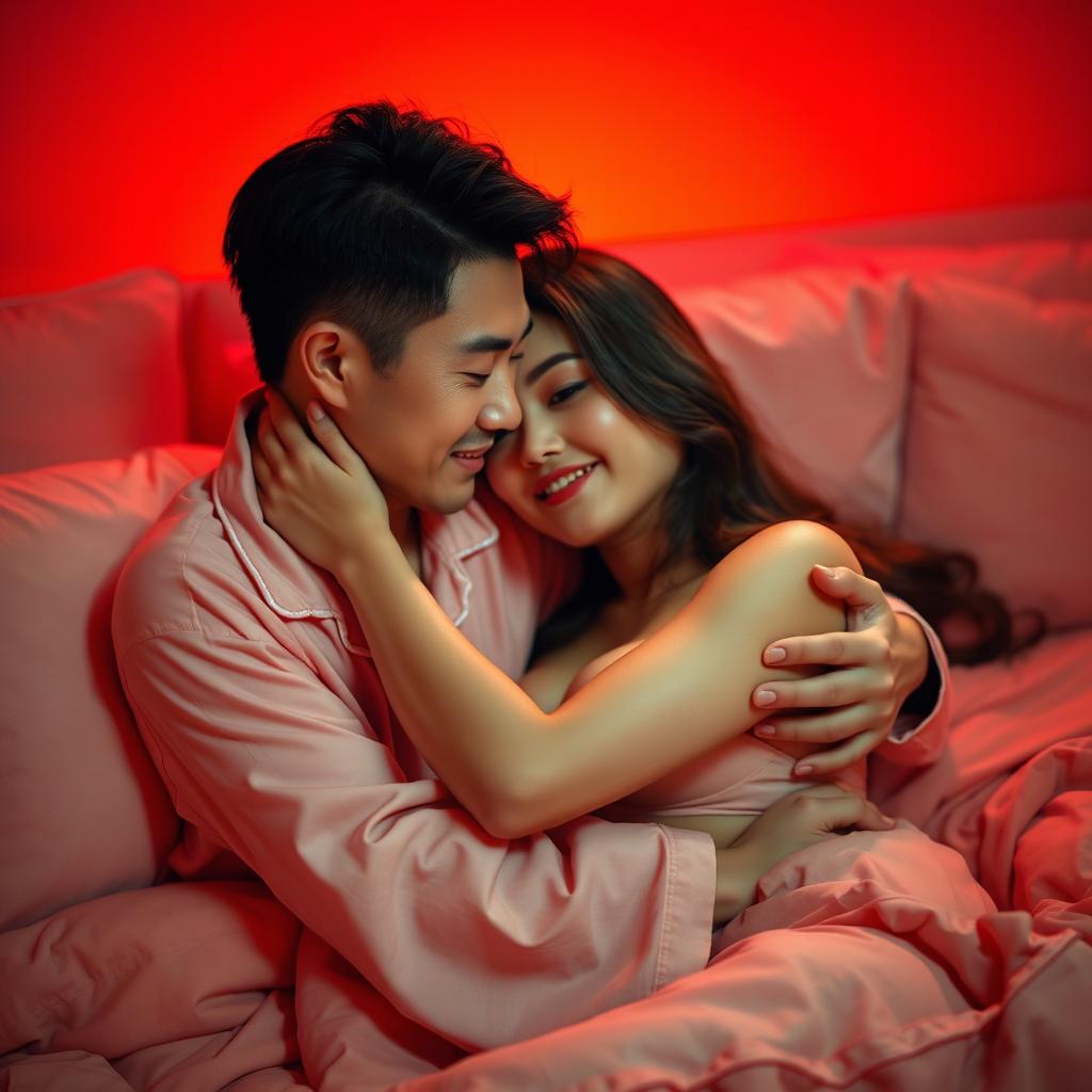 A cozy and intimate scene featuring a handsome Chinese man in soft pajamas, tenderly hugging a sexy, beautiful woman in a warmly lit red bedroom