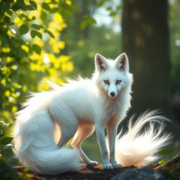 A majestic nine-tailed fox with luxurious white fur, gracefully standing amidst a serene forest setting