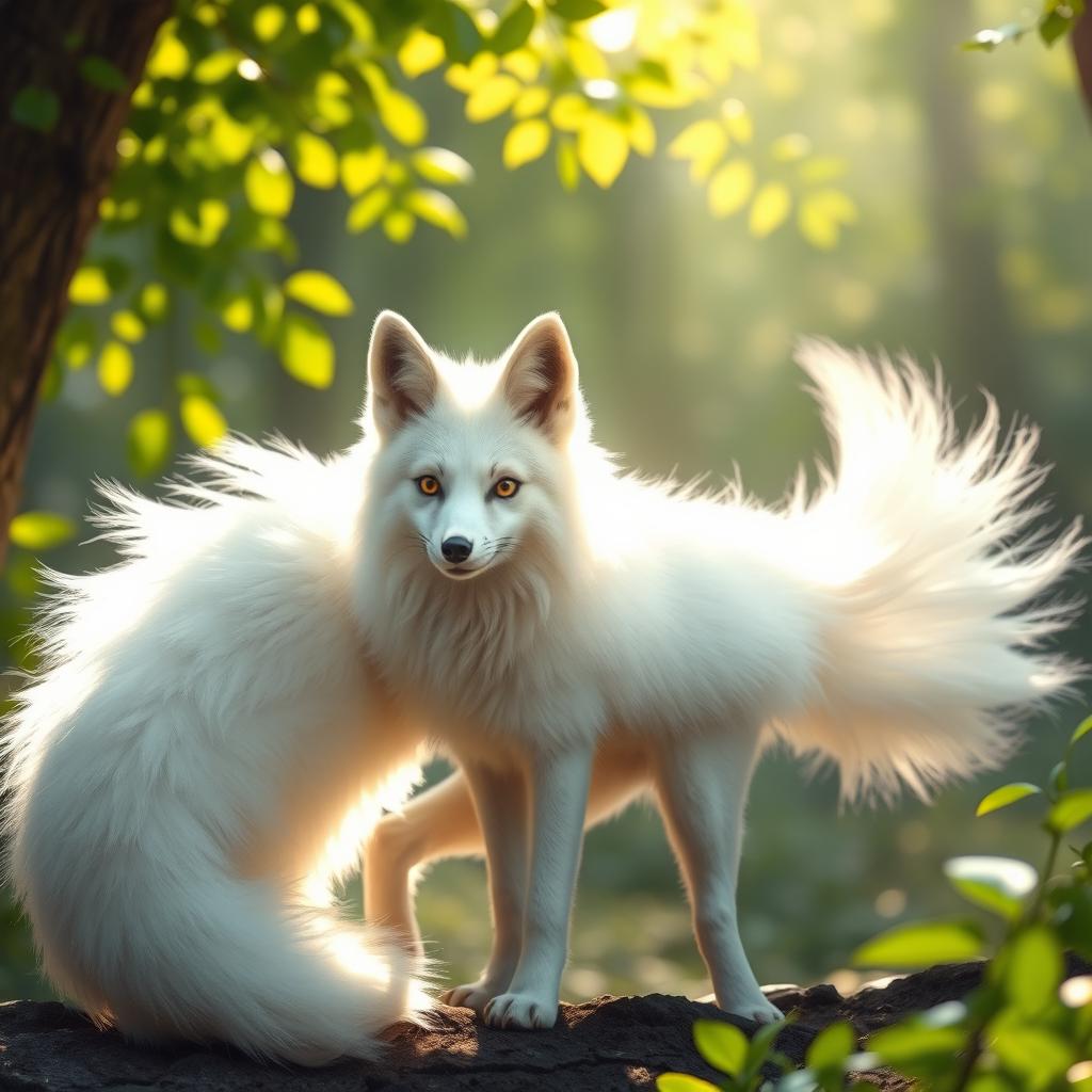 A majestic nine-tailed fox with luxurious white fur, gracefully standing amidst a serene forest setting