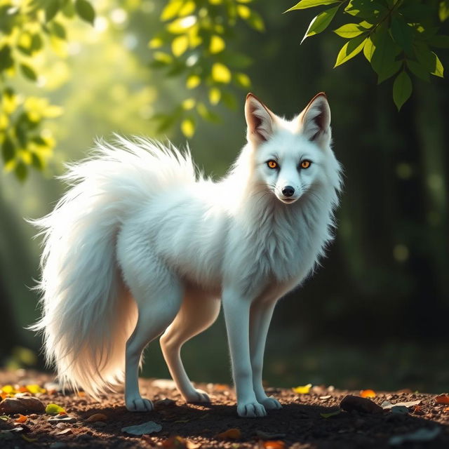 A majestic nine-tailed fox with luxurious white fur, gracefully standing amidst a serene forest setting