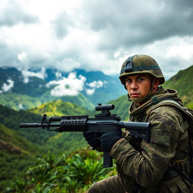 A soldier engaged in combat in the mountainous regions of Colombia, surrounded by lush green hills and rugged terrain