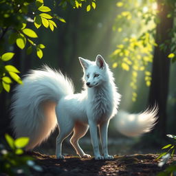 A majestic nine-tailed fox with luxurious white fur, gracefully standing amidst a serene forest setting