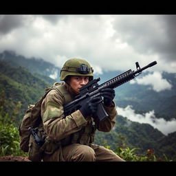 A soldier engaged in combat in the mountainous regions of Colombia, surrounded by lush green hills and rugged terrain