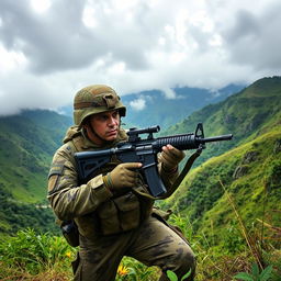 A soldier engaged in combat in the mountainous regions of Colombia, surrounded by lush green hills and rugged terrain