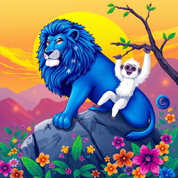 A vibrant illustration of a majestic blue lion sitting proudly on a rocky outcrop, with a backdrop of a bright, colorful sunset