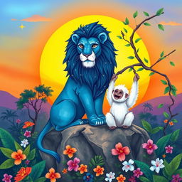 A vibrant illustration of a majestic blue lion sitting proudly on a rocky outcrop, with a backdrop of a bright, colorful sunset