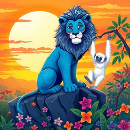 A vibrant illustration of a majestic blue lion sitting proudly on a rocky outcrop, with a backdrop of a bright, colorful sunset