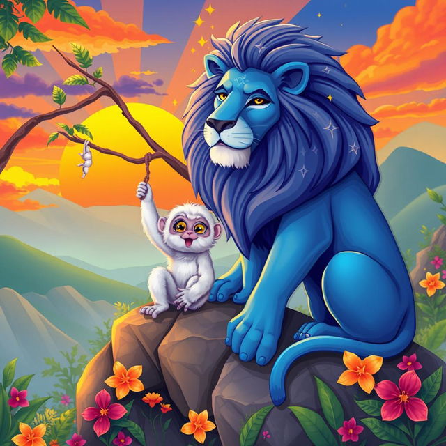 A vibrant illustration of a majestic blue lion sitting proudly on a rocky outcrop, with a backdrop of a bright, colorful sunset