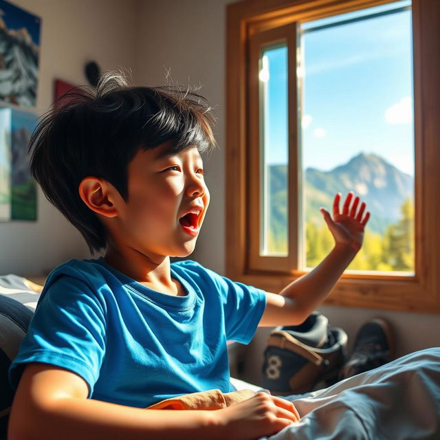 An Asian boy, around 10-12 years old, with tousled black hair and wearing a bright blue t-shirt, stretching and yawning as he wakes up in a cozy bedroom