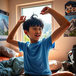 An Asian boy, around 10-12 years old, with tousled black hair and wearing a bright blue t-shirt, stretching and yawning as he wakes up in a cozy bedroom