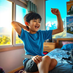 An Asian boy, around 10-12 years old, with tousled black hair and wearing a bright blue t-shirt, stretching and yawning as he wakes up in a cozy bedroom
