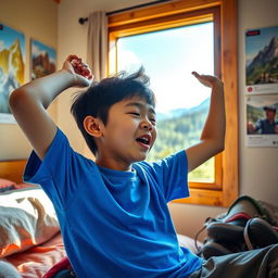 An Asian boy, around 10-12 years old, with tousled black hair and wearing a bright blue t-shirt, stretching and yawning as he wakes up in a cozy bedroom